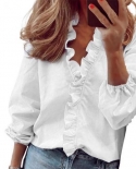 Women Shirt Ruffle Stitching Elastic Cuff  V Neck Long Sleeves Ladies Pullover Streetwear Casual Solid Color Blousesblou