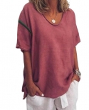 M   4xl Loose Casual Women Blouse Breathable Cotton Flax Solid Color V Neck Summer Half Sleeve Crimping T Shirt Plus Siz