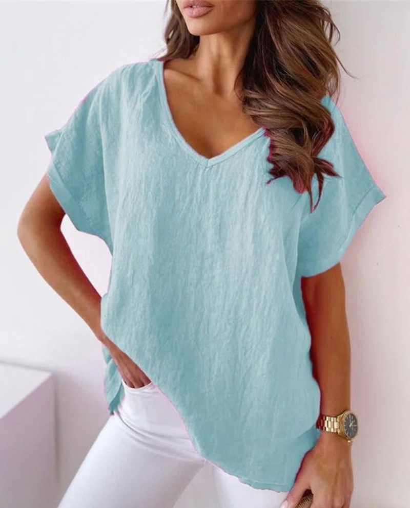 Casual Women Blouse Solid Color V Neck Short Sleeve Summer Temperament Loose Fitting Ladies Pullover T Shirt For Gatheri