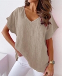 Casual Women Blouse Solid Color V Neck Short Sleeve Summer Temperament Loose Fitting Ladies Pullover T Shirt For Gatheri