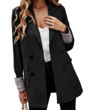 Autumn Women Blazer Lapel Long Sleeves Plaid Patchwork Cuffs Flap Pockets Double Breasted Solid Color Temperament Suit C