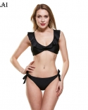 Z Lai  Solid Bikini Ruffle Shoulders Swimwear Low Waist Thong Two Pieces Swimsuit Bandage Bra Brazilian Suit For Womenbi