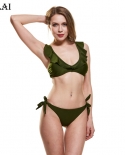 Z Lai  Solid Bikini Ruffle Shoulders Swimwear Low Waist Thong Two Pieces Swimsuit Bandage Bra Brazilian Suit For Womenbi