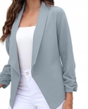 Elegant Women Blazer Pleated Cuffs Long Sleeve Irregular Hem Solid Color Slim Work Lapel Cardigan Office Lady Blazer Out