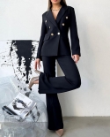 2 Pcs Lady Business Suit Solid Color Double Breasted Turn Down Collar Long Sleeves High Split Women Autumn Blazer Pants 