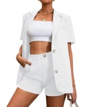 2pcsset Lapel Single Breasted Slant Pockets Business Suit Short Sleeve Cardigan Blazer High Waist Shorts Female Clothes