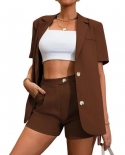 2pcsset Lapel Single Breasted Slant Pockets Business Suit Short Sleeve Cardigan Blazer High Waist Shorts Female Clothes
