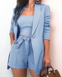 3pcs Women Vestcoatshorts Sets Elegant Inside Crop Top Single Button Long Sleeve Blazer High Waist Belt Shorts Suit Fo