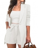3pcs Women Vestcoatshorts Sets Elegant Inside Crop Top Single Button Long Sleeve Blazer High Waist Belt Shorts Suit Fo