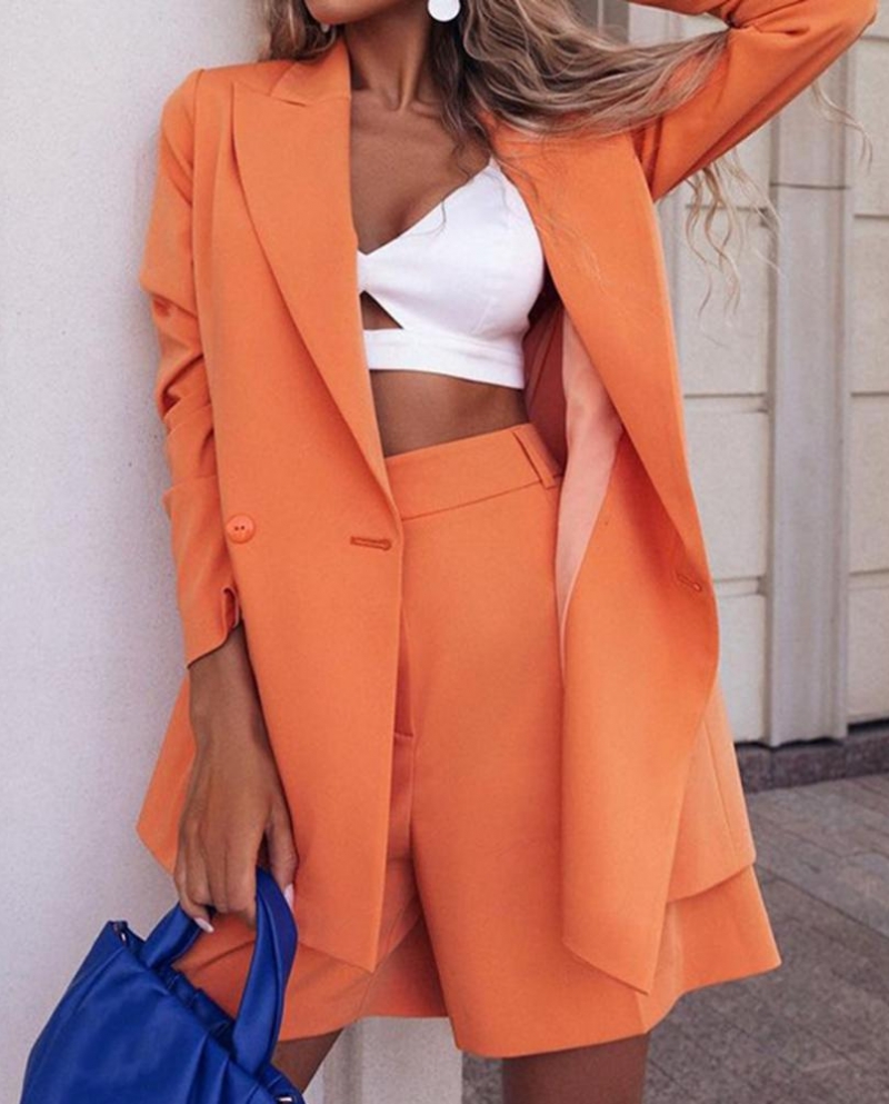 2pcs Women Suit Set Solid Color Elegant Temperament Long Sleeve Lapel Cardigan Blazer Shorts Office Ladies Outfit Commut