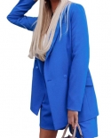 2pcs Women Suit Set Solid Color Elegant Temperament Long Sleeve Lapel Cardigan Blazer Shorts Office Ladies Outfit Commut