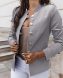 Office Lady Blazer Solid Color Single Breasted Stand Collar Spring Autumn Elegant Slim Fitting Suits Coat For Daily Wear