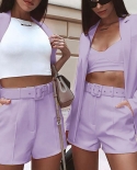 2 Pcsset Women Short Suits Solid Color Pockets Women Outfit Two Piece Cardigan Blazer Shorts Belt Set For Spring Summer