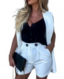 Fashion Women Workwear Sleeveless Plaid Button Elastic High Waist Blazer Top And Pocket Short Set Elegant Office Ladies 