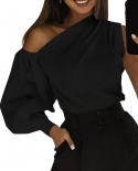 Elegant Women Blouse  One Shoulder Skew Neck Asymmetrical Lantern Sleeve Loose Fit Soft Fabric Pullover Top Female Cloth