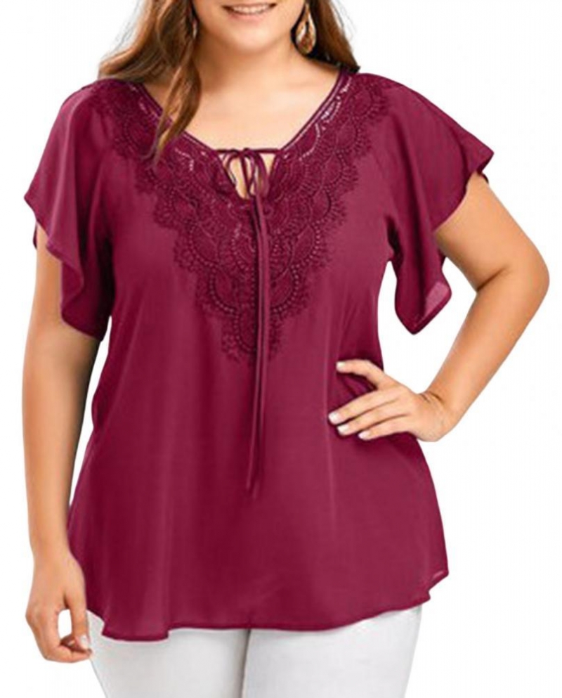 Plus Size Xl   5xl Women Blouse V Neck Pure Color Flare Sleeves Large Hem Casual Top Lady Clothes