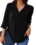 Elegant Office Lady Shirt Cotton Flax Buttons Lapel Neck Three Quarters Sleeve Casual Loose Long Blouse Tops Blusas Chem