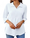 Elegant Office Lady Shirt Cotton Flax Buttons Lapel Neck Three Quarters Sleeve Casual Loose Long Blouse Tops Blusas Chem