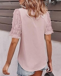 V Neck Office Shirt Fluffy Ball Decor Short Sleeve Summer Blouse Elegant Solid Color Casual Lady Chiffon Shirt Streetwea