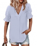 V Neck Office Shirt Fluffy Ball Decor Short Sleeve Summer Blouse Elegant Solid Color Casual Lady Chiffon Shirt Streetwea