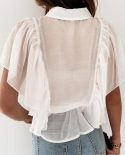 Elegent Chiffon Shirt Tie Up Ruffle Solid Simple Summer Short Butterfly Sleeve Bow Knot Women Blouse For Daily Lifeblous