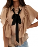 Elegent Chiffon Shirt Tie Up Ruffle Solid Simple Summer Short Butterfly Sleeve Bow Knot Women Blouse For Daily Lifeblous
