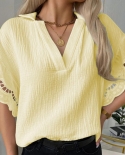 Ladies Shirt Lace Patchwork Summer V Neck Half Sleeve Temperament Loose Fitting Blouse Blusas Mujer De Moda 2022 Блу