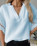 Ladies Shirt Lace Patchwork Summer V Neck Half Sleeve Temperament Loose Fitting Blouse Blusas Mujer De Moda 2022 Блу