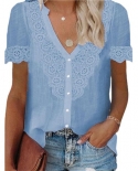 Office Lady Shirt  V Neck Lace flower patchwork Short Sleeve Summer single Breasted Crochet Elegant Women Blouses 20