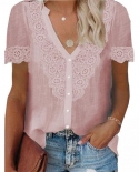Office Lady Shirt  V Neck Lace flower patchwork Short Sleeve Summer single Breasted Crochet Elegant Women Blouses 20