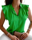 V Neck Stand Collar Women Top Solid Color Ruffle Sleeve Trim Drawstring Elegant Summer Blouse Streetwear