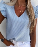 Office Lady Summer Blouse V Neck Stripes Short Ruffled Sleeve Casual T Shirt Top Women Loose Blouse Blusas Mujer De Moda