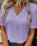 2022 Summer Women Blouse V Neck Short Puff Sleeve Solid Color Lace Spliced Hollow Leisure Pullover Top Office Lady Elega