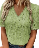 2022 Summer Women Blouse V Neck Short Puff Sleeve Solid Color Lace Spliced Hollow Leisure Pullover Top Office Lady Elega
