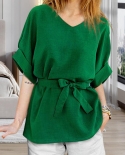 Women Tops Solid Color Belt Bow Knot Tight Waist V Neck Batwing Sleeves Short Sleeves Summer Blouse T Shirt Daily Clothe
