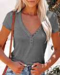 Women Summer Blouse Short Sleeve Solid Color Button Up V Neck  Slim Fitting Basic Top топ женский Camisetas De