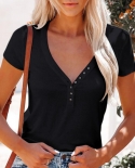 Women Summer Blouse Short Sleeve Solid Color Button Up V Neck  Slim Fitting Basic Top топ женский Camisetas De
