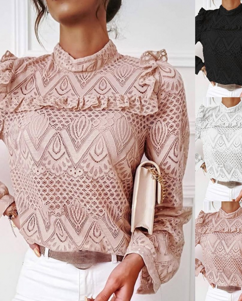 Spring Autumn Women Blouse Elegant Long Sleeve Lace Ruffle Mock Neck Blouse Hollow Out Office Lady Shirt Top
