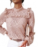 Spring Autumn Women Blouse Elegant Long Sleeve Lace Ruffle Mock Neck Blouse Hollow Out Office Lady Shirt Top