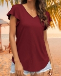 Women Top Ruffle Sleeve V Neck Simple Solid Color Soft Summer Blouse For Daily Wear
