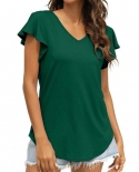 Women Top Ruffle Sleeve V Neck Simple Solid Color Soft Summer Blouse For Daily Wear