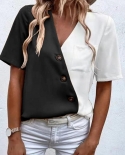 Summer Women Blouse V Neck Short Sleeve Buttons Decor Lady Shirt Color Block Patchwork Casual Loose Pullover Top Streetw