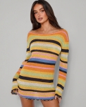Y2k Color Stripe Knit Dress Women Long Sleeve Loose Short Dress Summer Fall Bohemian Beach Club  Dresses Female