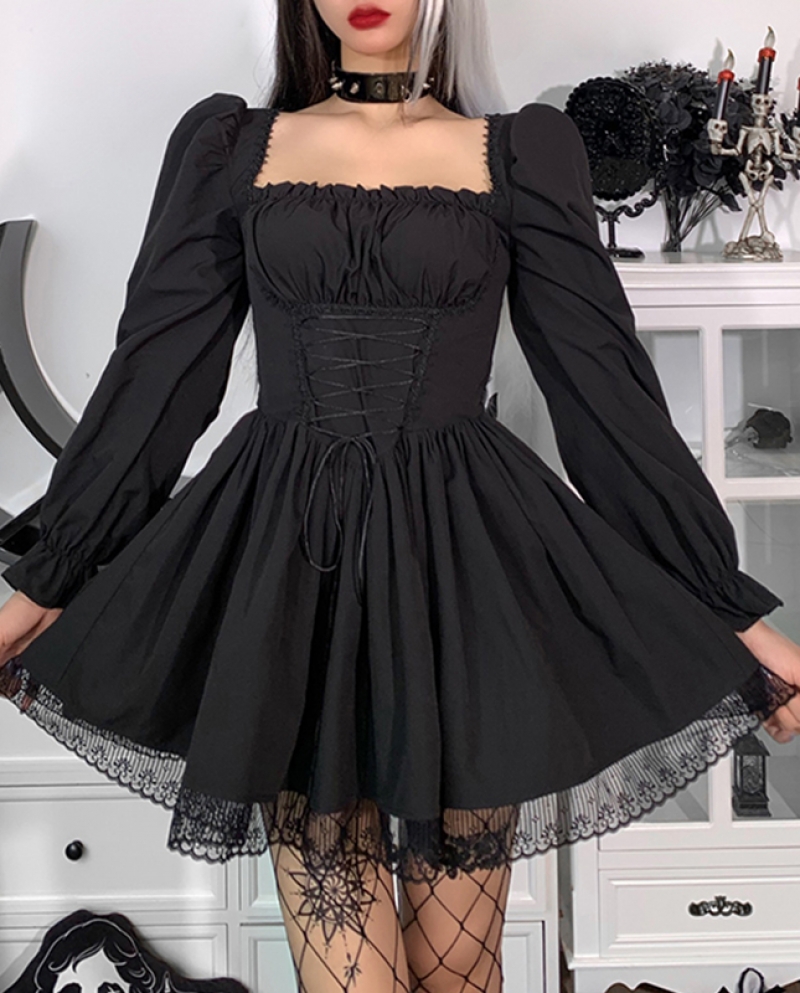 Black Lace Corset Dress With Long Sleeves Fairy Wedding Guest boho Lolita  Khloe Portofino -  Australia