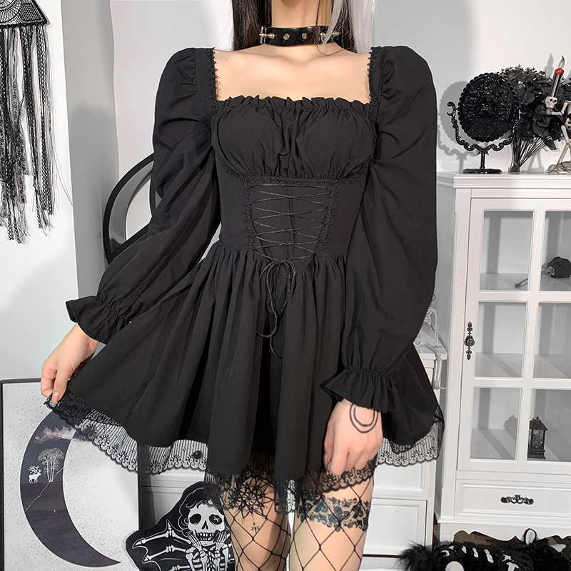 Black Lace Corset Dress With Long Sleeves Fairy Wedding Guest boho Lolita  Khloe Portofino -  Australia