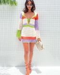 Y2k Knit Hollow Out Dress Women Color Stripe Long Sleeve V Neck Mini Dress Summer Fall Bohemian Beach Dresses Female