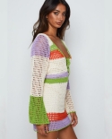 Y2k Knit Hollow Out Dress Women Color Stripe Long Sleeve V Neck Mini Dress Summer Fall Bohemian Beach Dresses Female
