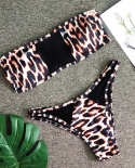   Bikini Bandeau Women Hollow Perspective Mesh Leopard Swimwear Swimsuit Female Beach Bikinis Set Bathing Suit Push Upbi