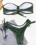  Bikini Bandeau Women Solid Shirring Swimwear Swimsuit Female Beach Bikini Set Bathing Suit Green Maillot De Bain Femme