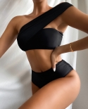   Black Bikini Bandeau Women Single Shoulder High Waist Swimwear Swimsuit Bikinis Set Bathing Suit Bikini Taille Hautebi